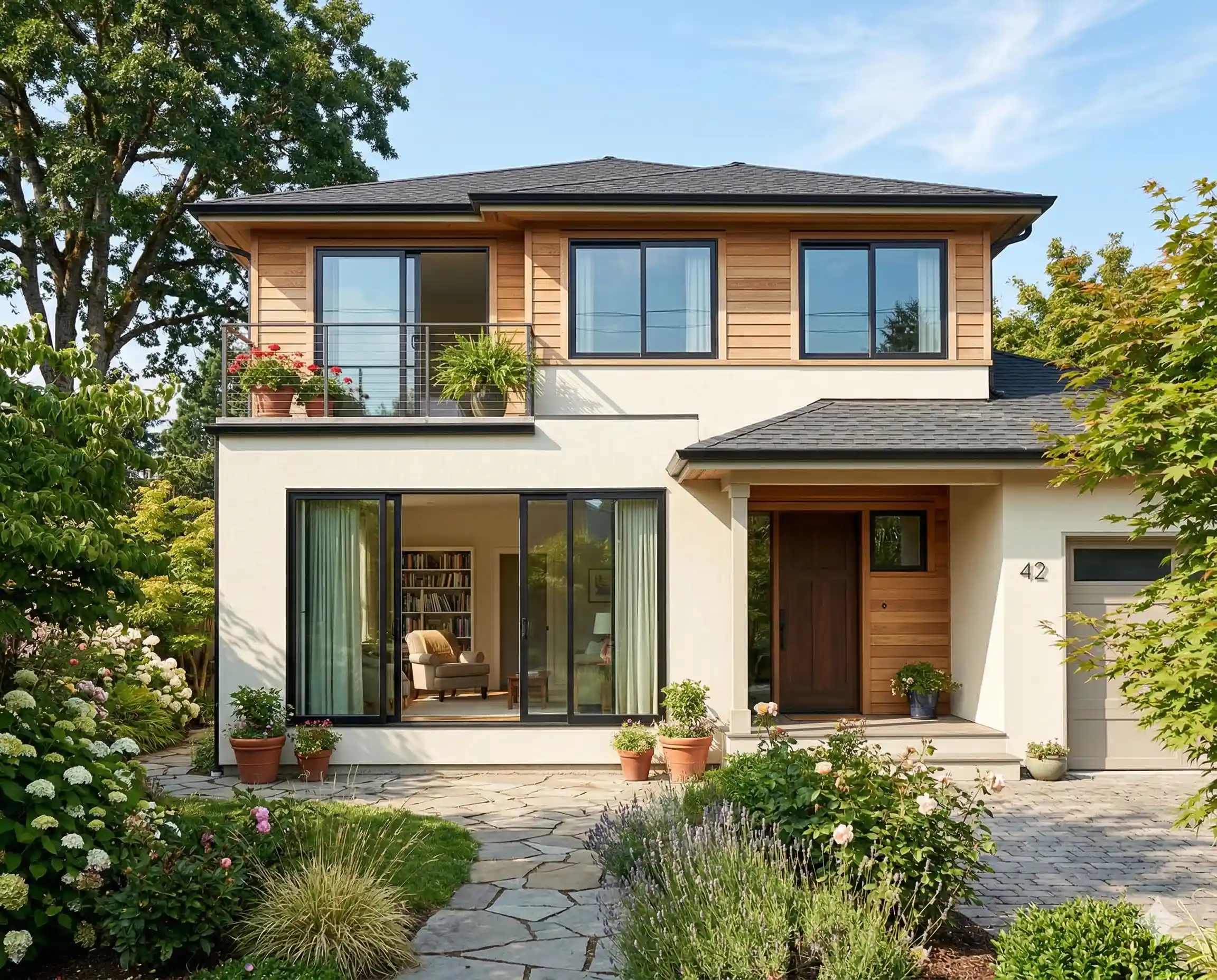 Sliding windows installed on a modern home exterior with large glass panels and natural light