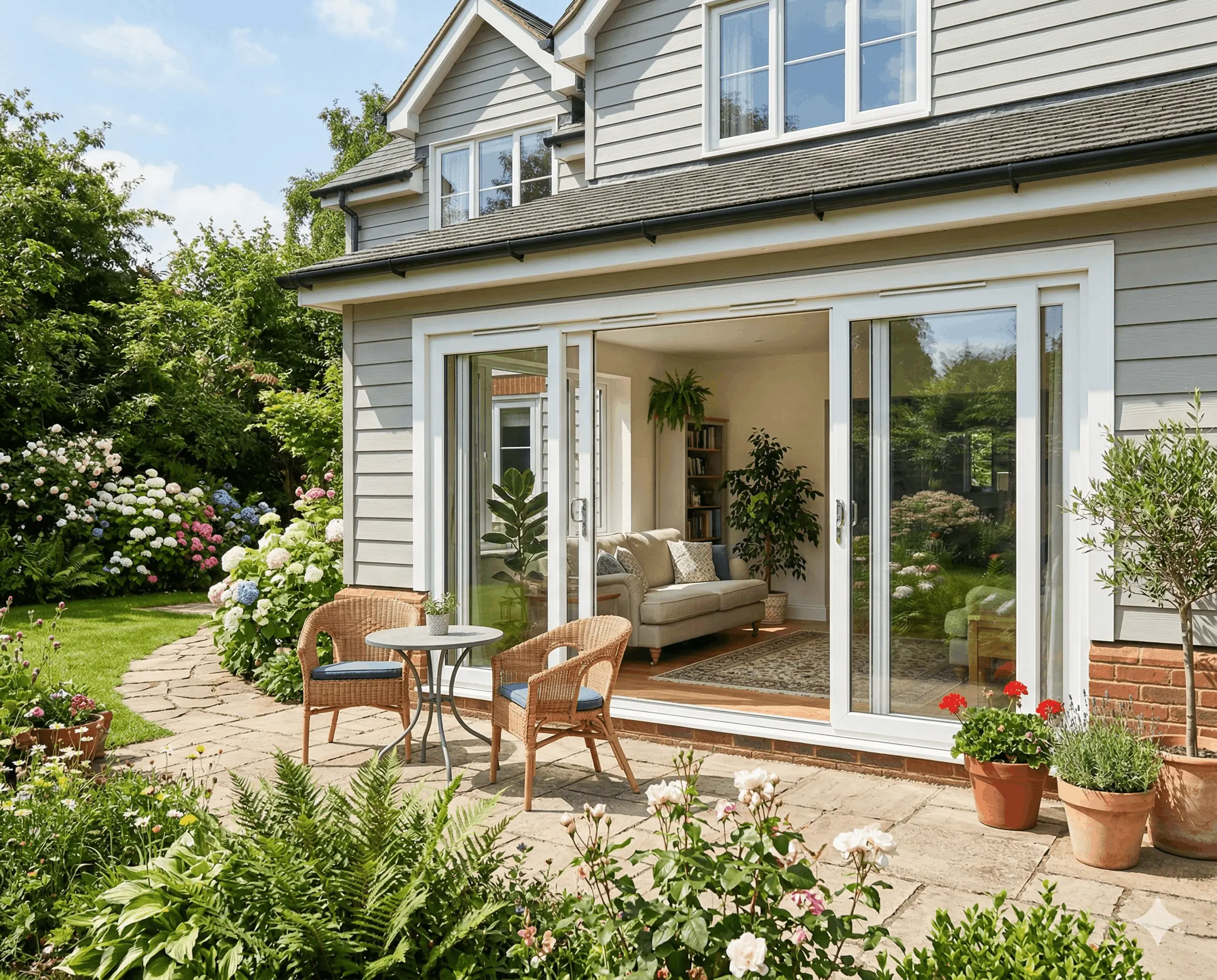 Modern sliding patio door with wide glass panels